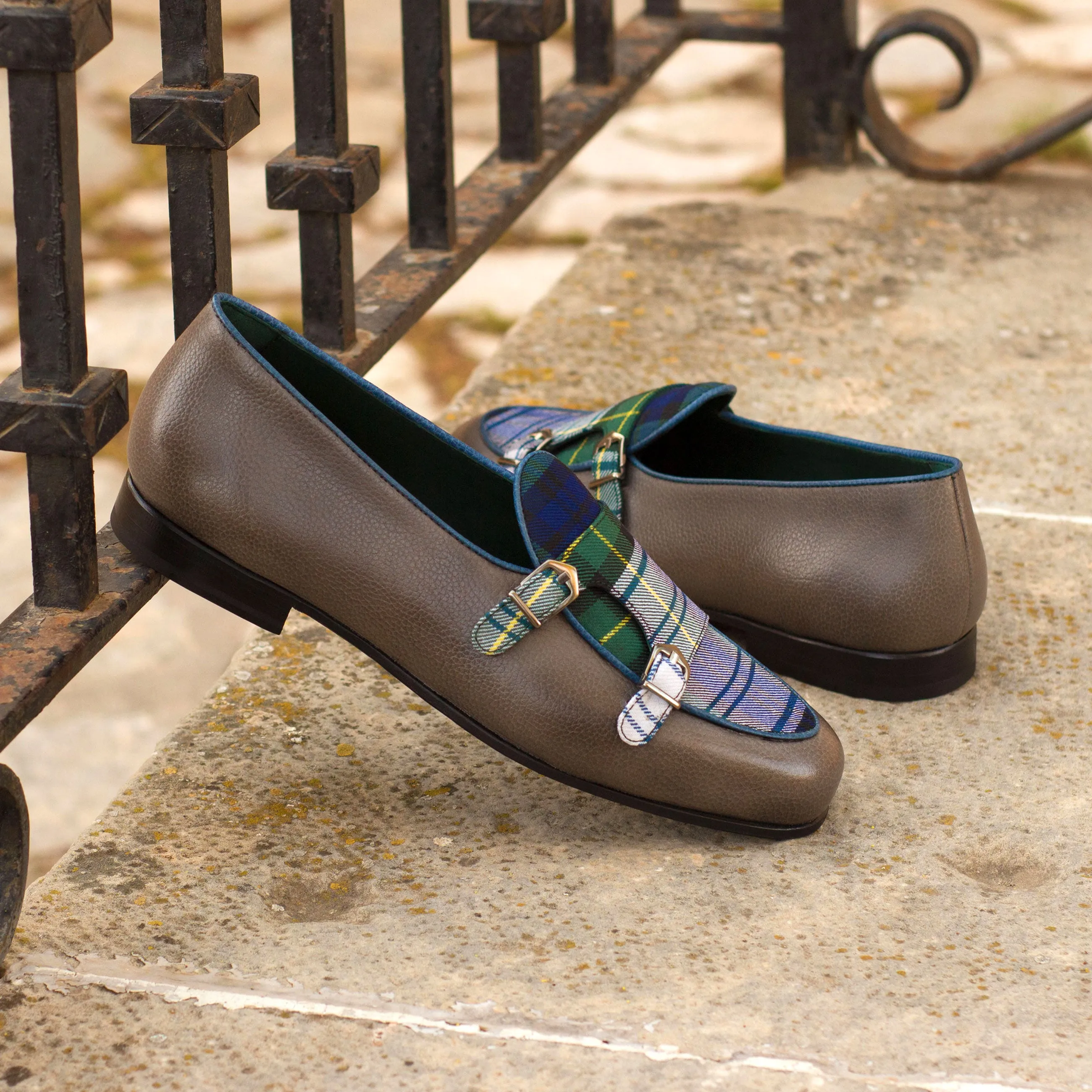 Dapperfam Shoes DapperFam Rialto en Tartan / Gris / Marine Chaussures Homme Sartorial & Cuir Pleine Fleur Italien Mocassin Moine