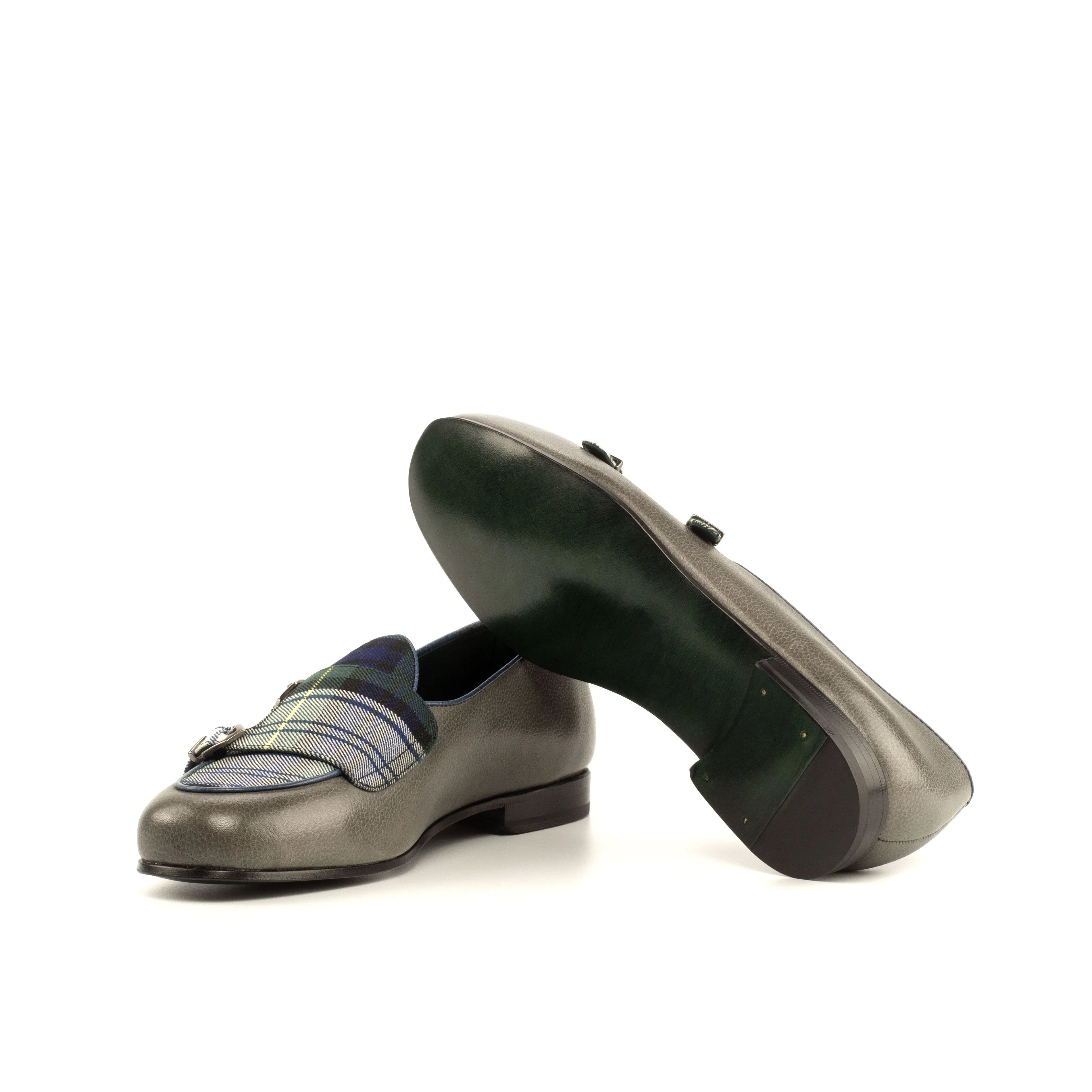 Dapperfam Shoes DapperFam Rialto en Tartan / Gris / Marine Chaussures Homme Sartorial & Cuir Pleine Fleur Italien Mocassin Moine