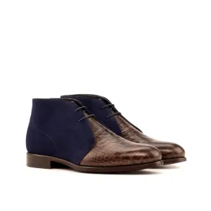 Dapperfam Shoes DapperFam Vivace in Dark Brown / Navy Men's Italian Croco Embossed Leather & Italian Suede Chukka