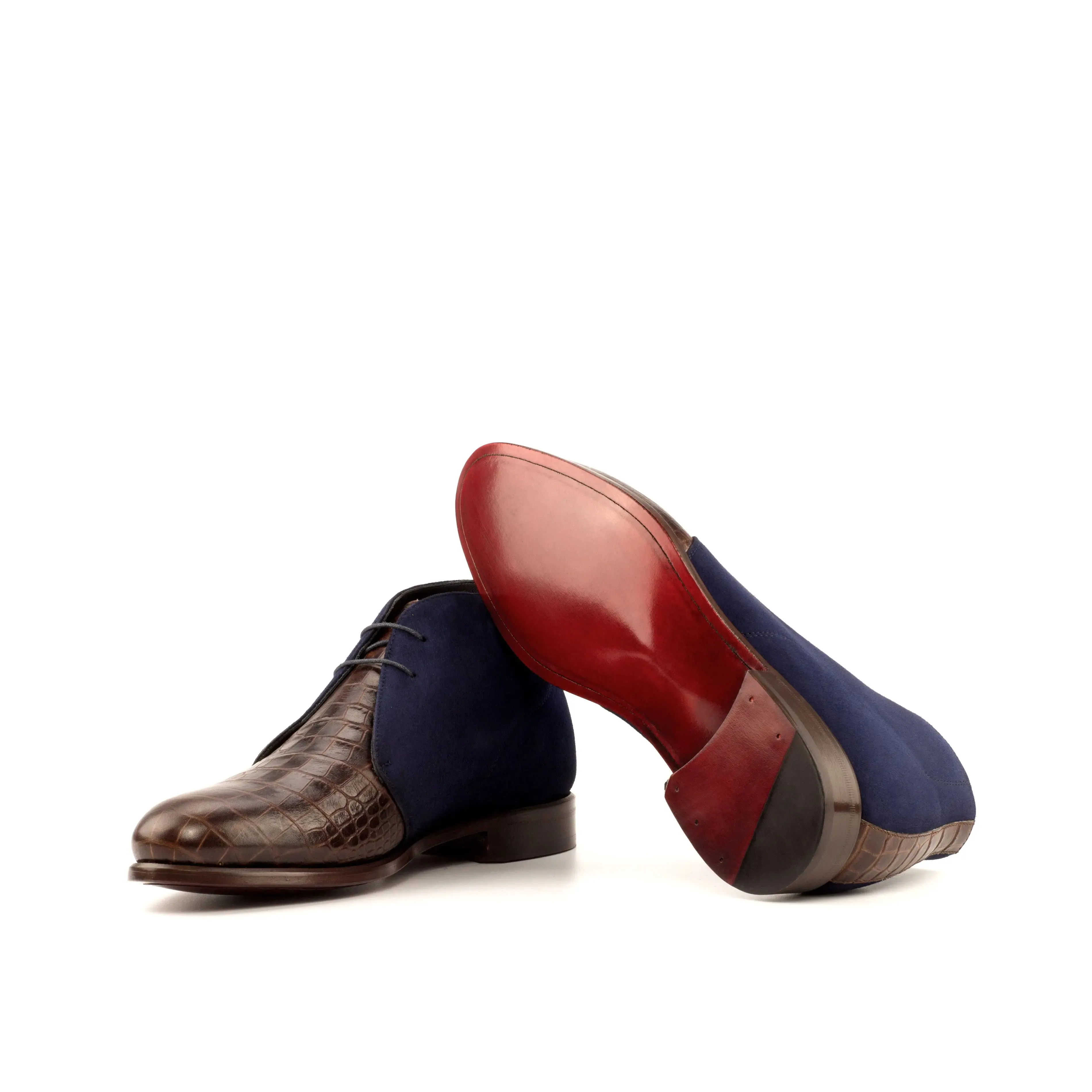 Dapperfam Chaussures DapperFam Vivace en Marron Foncé / Marine pour Hommes en Cuir Croco Italien Gaufré & Suède Italien Chukka