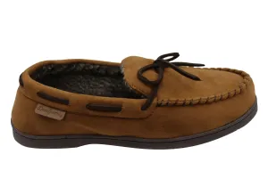 Dearfoams Mens Toby Microsuede Moccasin With Whipstitch & Tie Slippers Dearfoams Shoes