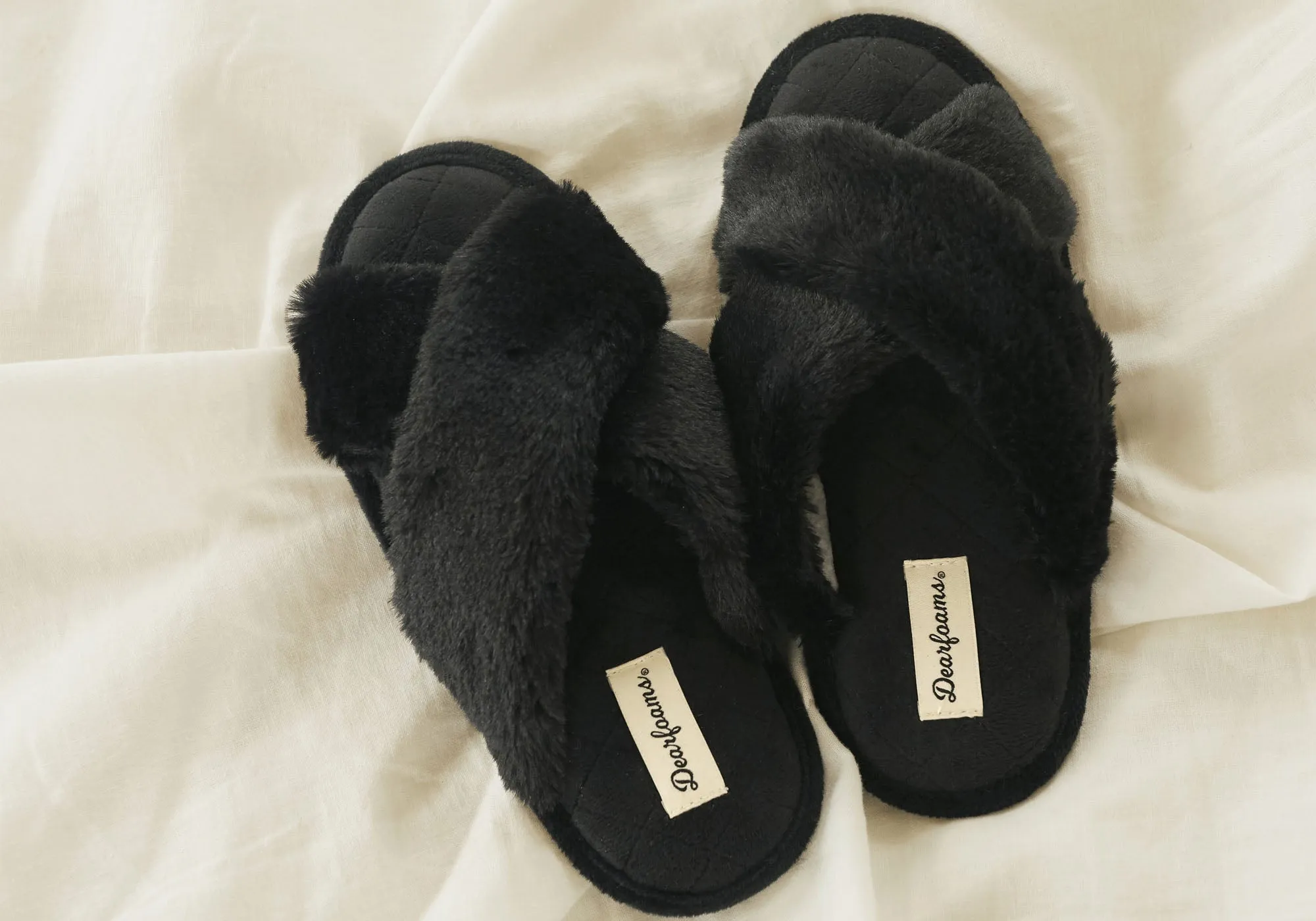 Dearfoams Chaussons glissières confortables pour femmes Jessica en fausse fourrure avec brides croisées
