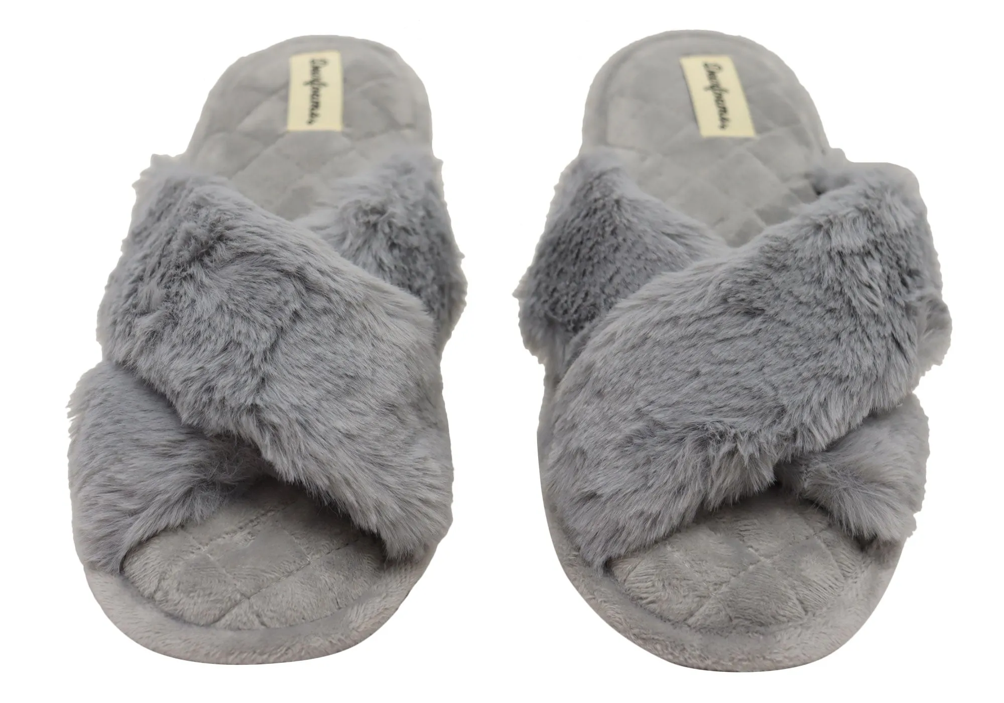 Dearfoams Chaussons glissières confortables pour femmes Jessica en fausse fourrure avec brides croisées