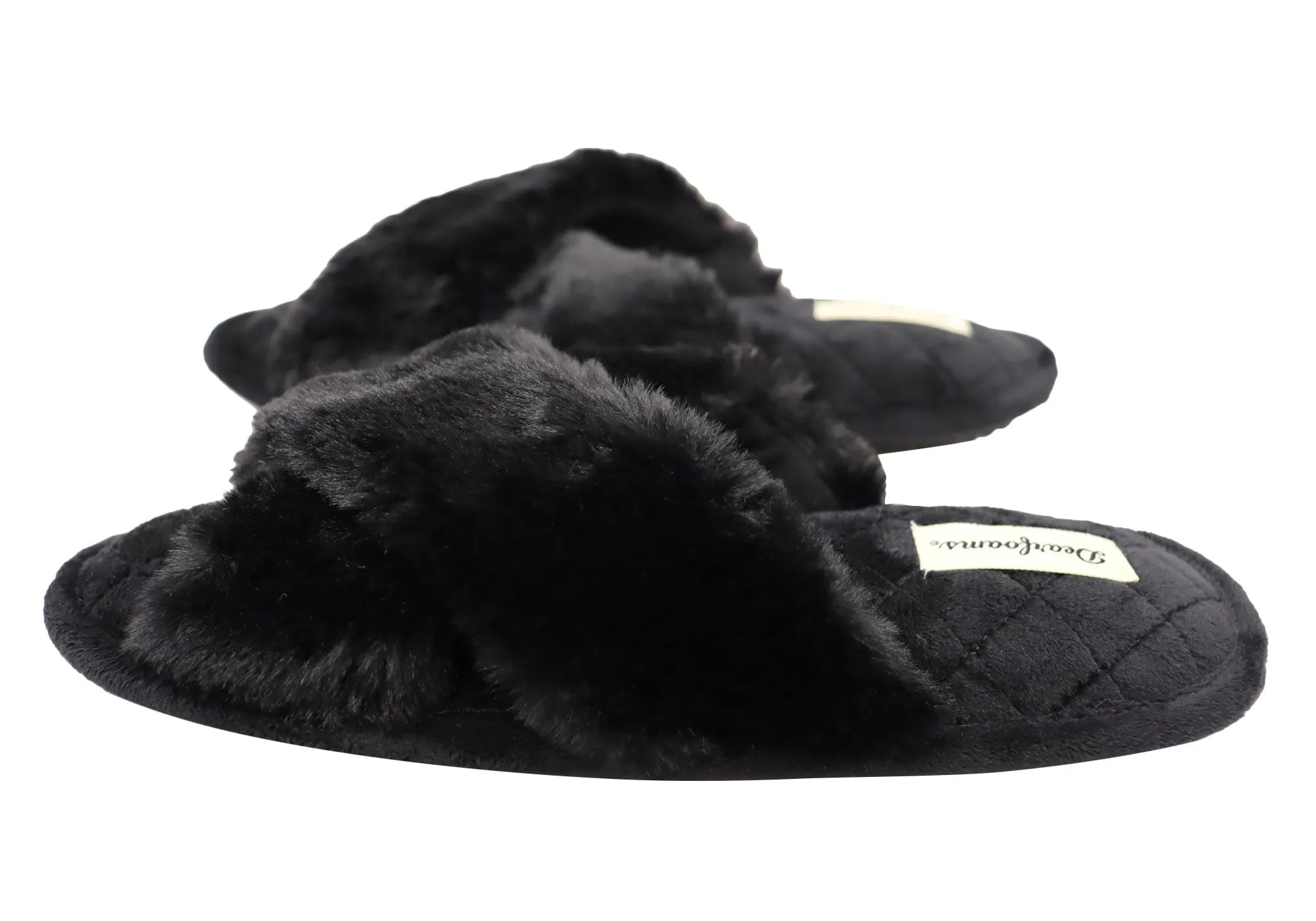 Dearfoams Chaussons glissières confortables pour femmes Jessica en fausse fourrure avec brides croisées