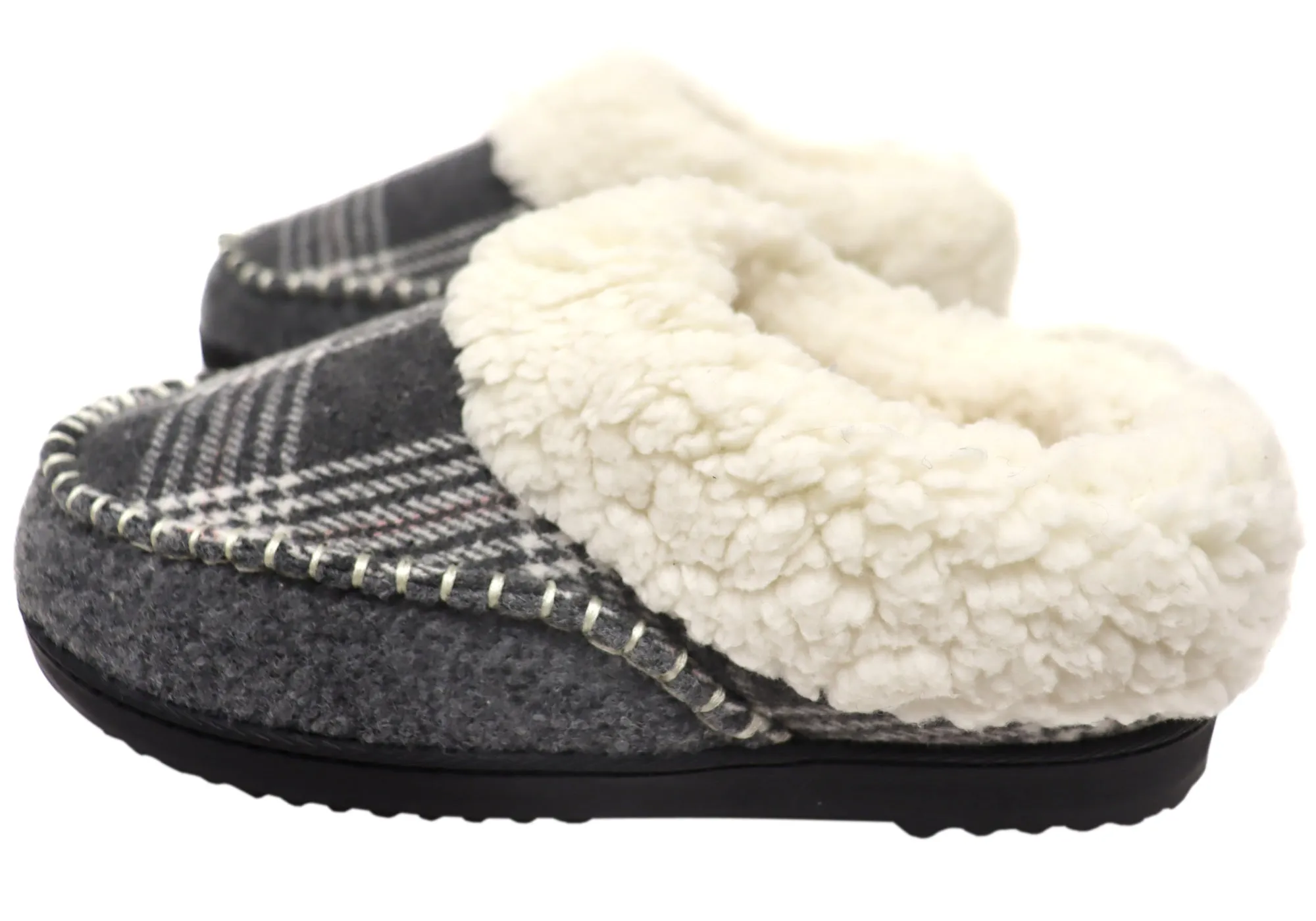 Dearfoams Chaussons confortables pour femmes à bout rond en feutre et à carreaux
