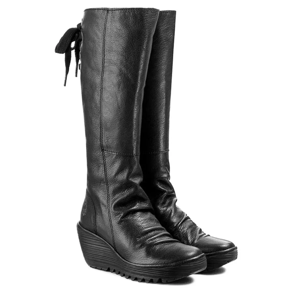 Bottes femme Fly London Yust en cuir mousse à talon compensé mi-mollet