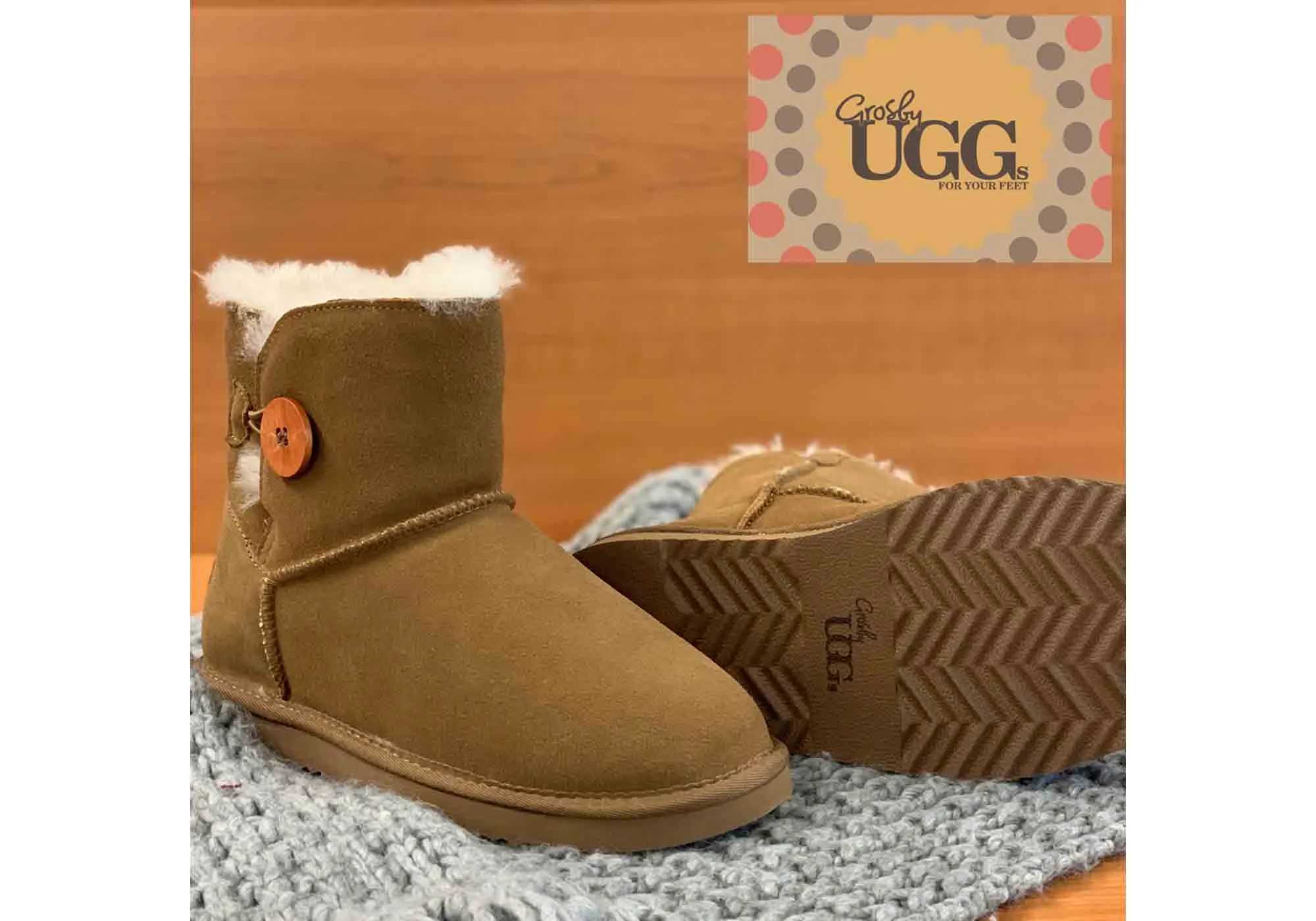 Bottes chaudes et confortables pour femmes Grosby Button Ugg avec doublure en peau de mouton - Chaussures Grosby