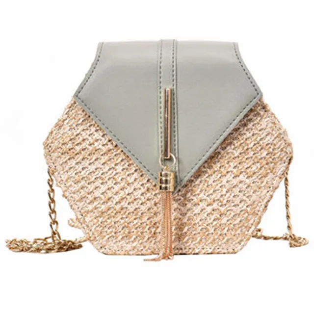 Sac à main hexagonal multistyle en paille et cuir pour femmes - Sac d'été en rotin tissé à la main - Sac de plage rond bohème - Nouvelle tendance Fashion Nova