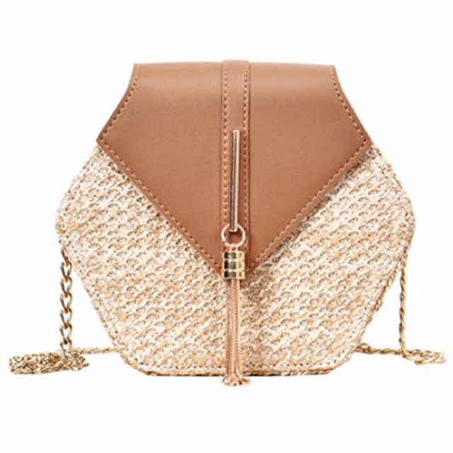 Sac à main hexagonal multistyle en paille et cuir pour femmes - Sac d'été en rotin tissé à la main - Sac de plage rond bohème - Nouvelle tendance Fashion Nova