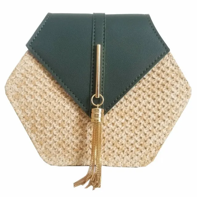 Sac à main hexagonal multistyle en paille et cuir pour femmes - Sac d'été en rotin tissé à la main - Sac de plage rond bohème - Nouvelle tendance Fashion Nova