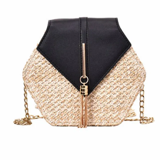 Sac à main hexagonal multistyle en paille et cuir pour femmes - Sac d'été en rotin tissé à la main - Sac de plage rond bohème - Nouvelle tendance Fashion Nova