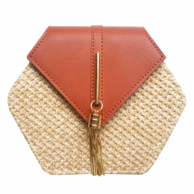 Sac à main hexagonal multistyle en paille et cuir pour femmes - Sac d'été en rotin tissé à la main - Sac de plage rond bohème - Nouvelle tendance Fashion Nova