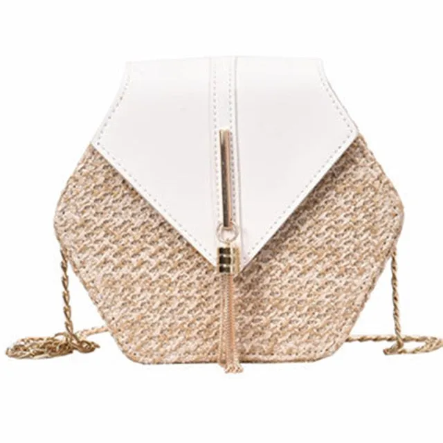 Sac à main hexagonal multistyle en paille et cuir pour femmes - Sac d'été en rotin tissé à la main - Sac de plage rond bohème - Nouvelle tendance Fashion Nova