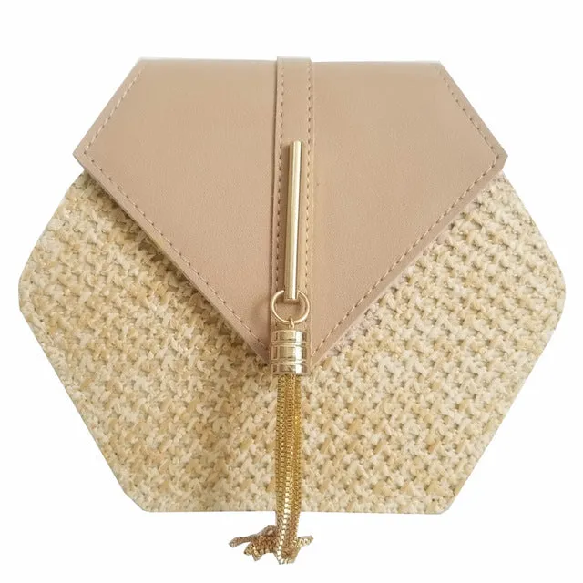 Sac à main hexagonal multistyle en paille et cuir pour femmes - Sac d'été en rotin tissé à la main - Sac de plage rond bohème - Nouvelle tendance Fashion Nova
