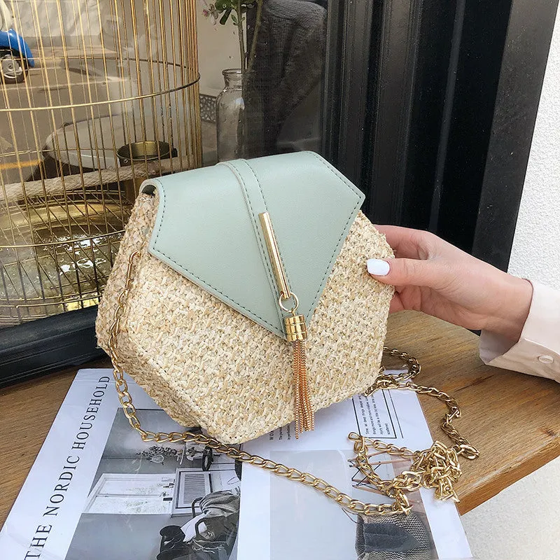 Sac à main hexagonal multistyle en paille et cuir pour femmes - Sac d'été en rotin tissé à la main - Sac de plage rond bohème - Nouvelle tendance Fashion Nova