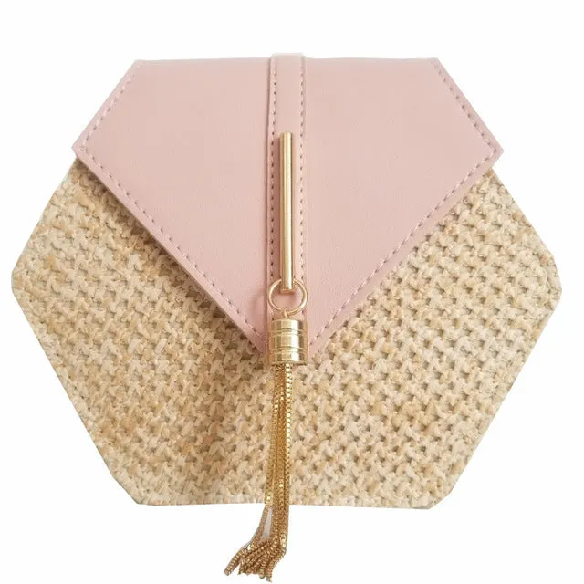 Sac à main hexagonal multistyle en paille et cuir pour femmes - Sac d'été en rotin tissé à la main - Sac de plage rond bohème - Nouvelle tendance Fashion Nova