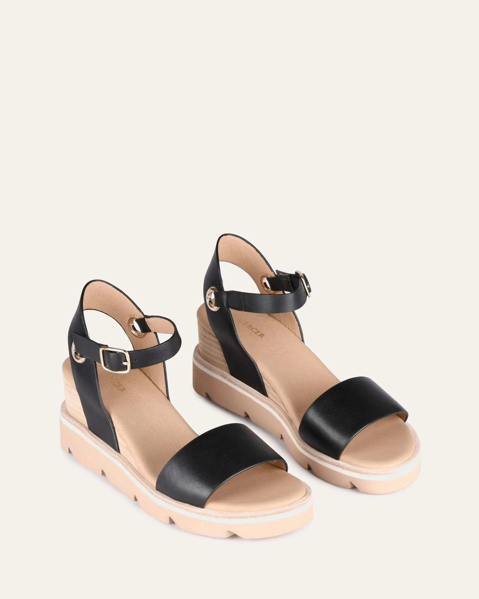 SANDALES KATIE À TALON COMPENSÉ EN CUIR NOIR