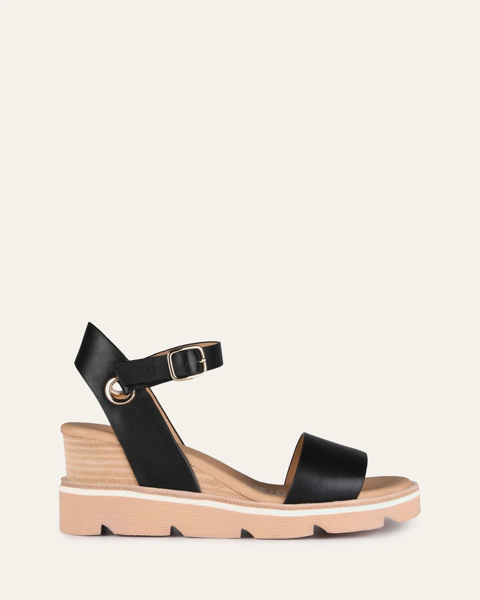 SANDALES KATIE À TALON COMPENSÉ EN CUIR NOIR