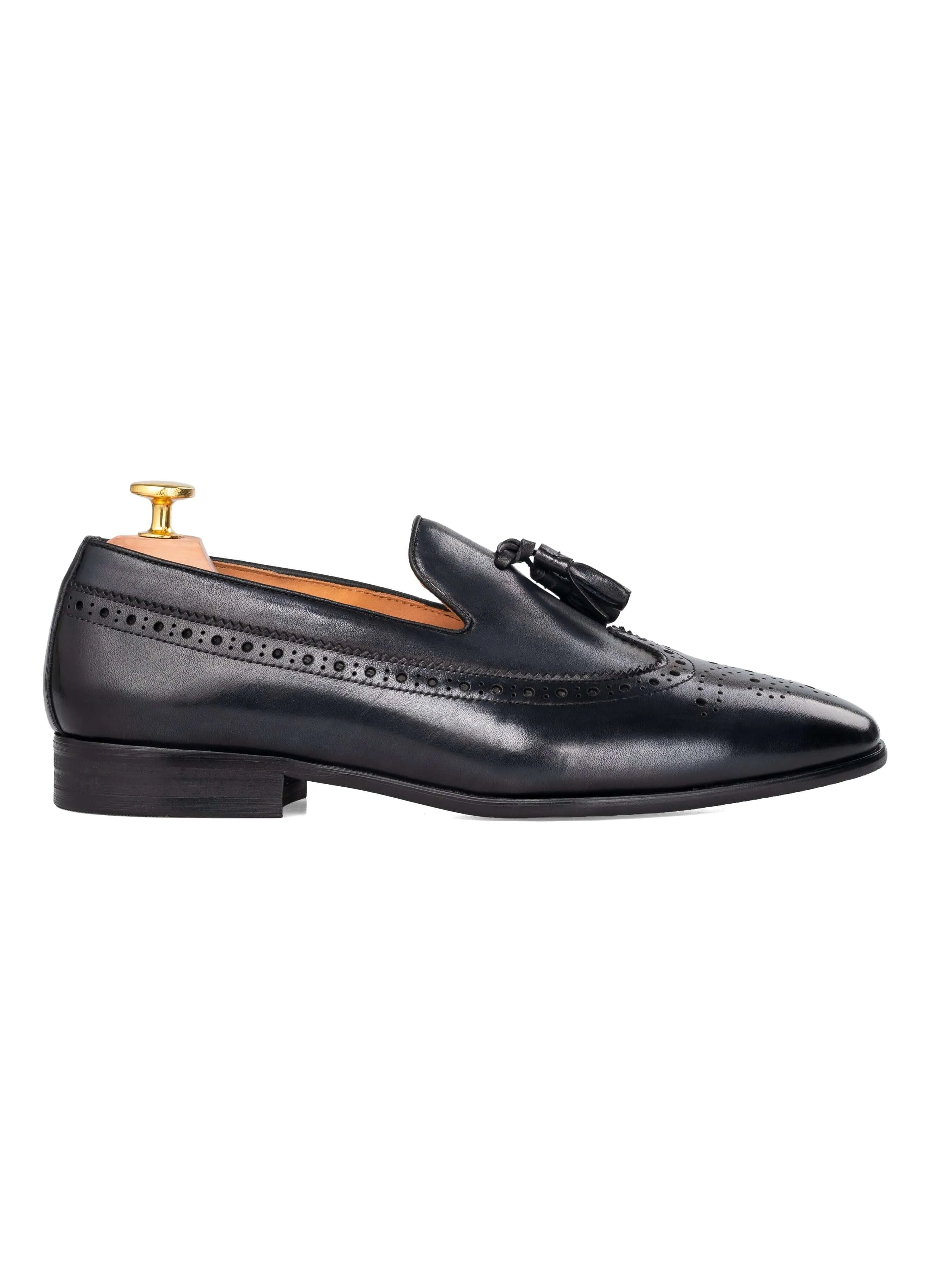 Mocassin Pantoufle Longwing Brogue - Noir Gris avec Gland (Patine Peinte à la Main)