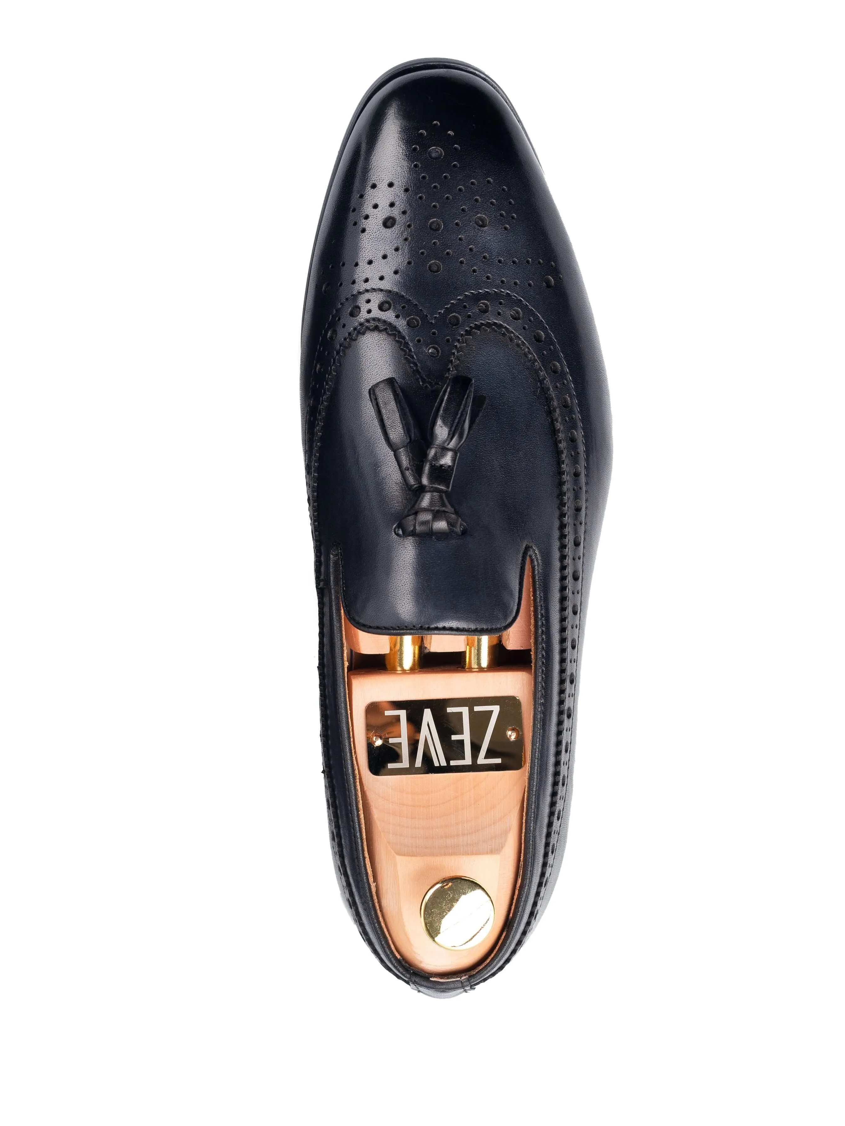 Mocassin Pantoufle Longwing Brogue - Noir Gris avec Gland (Patine Peinte à la Main)