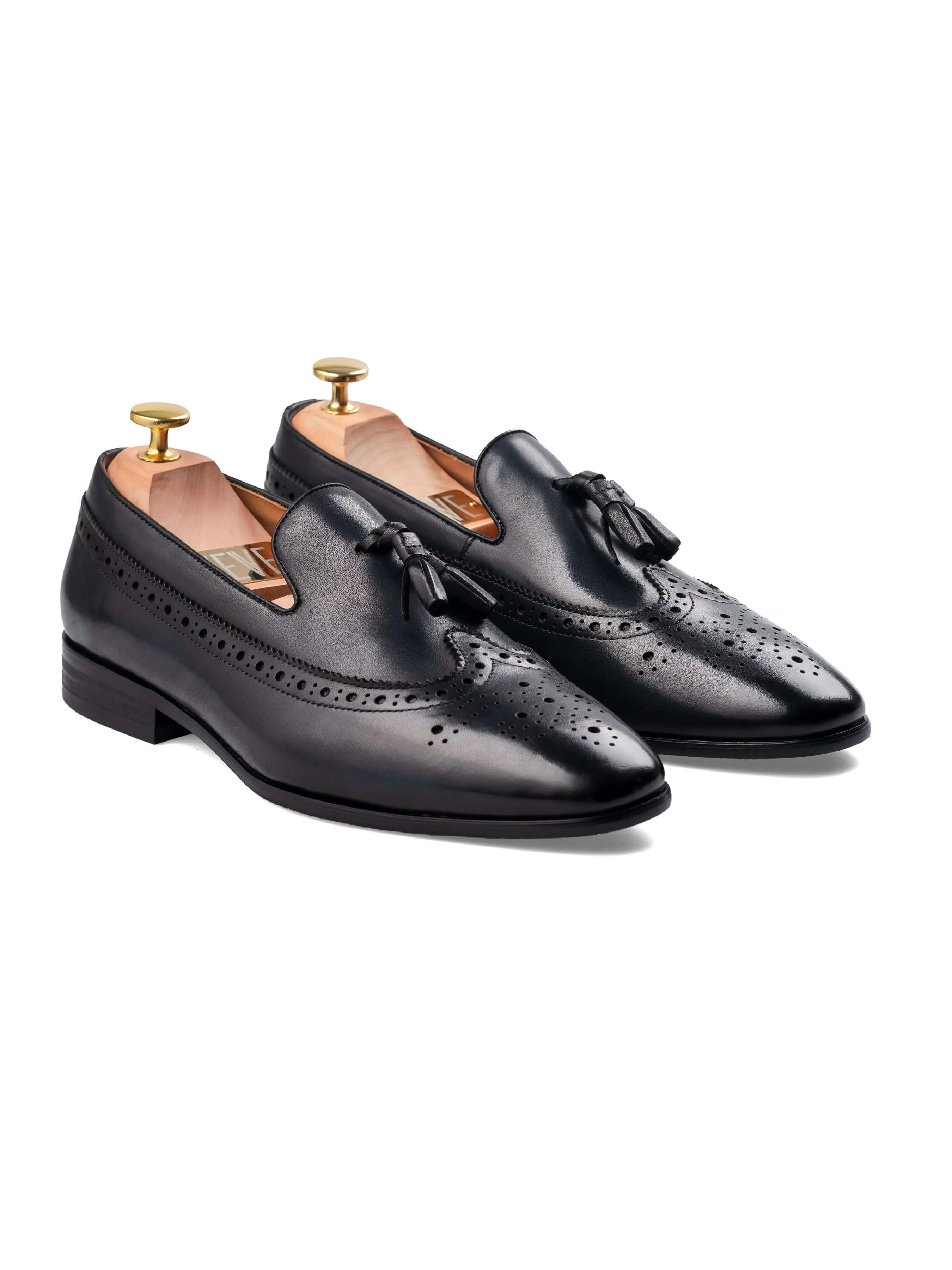 Mocassin Pantoufle Longwing Brogue - Noir Gris avec Gland (Patine Peinte à la Main)