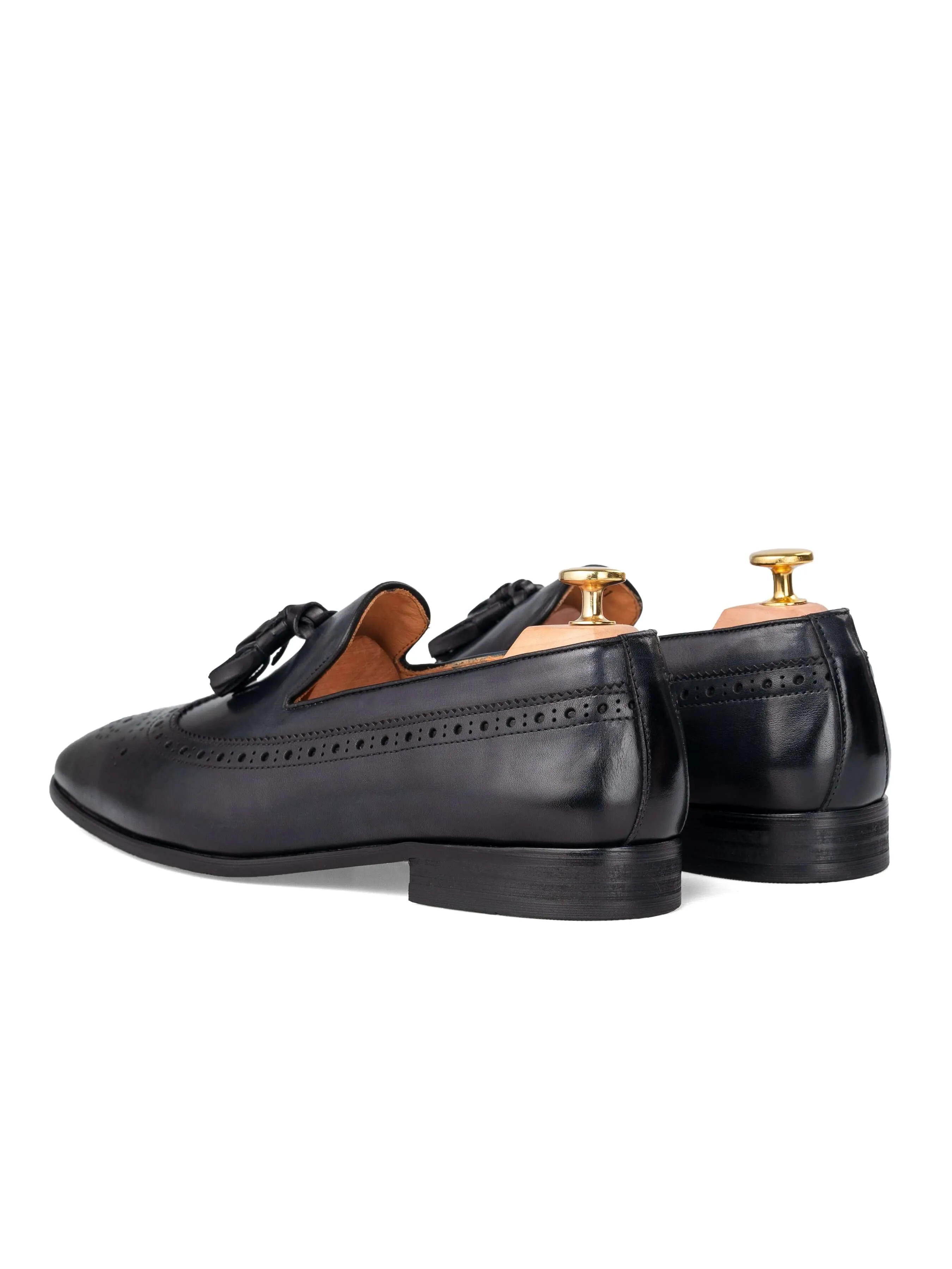 Mocassin Pantoufle Longwing Brogue - Noir Gris avec Gland (Patine Peinte à la Main)