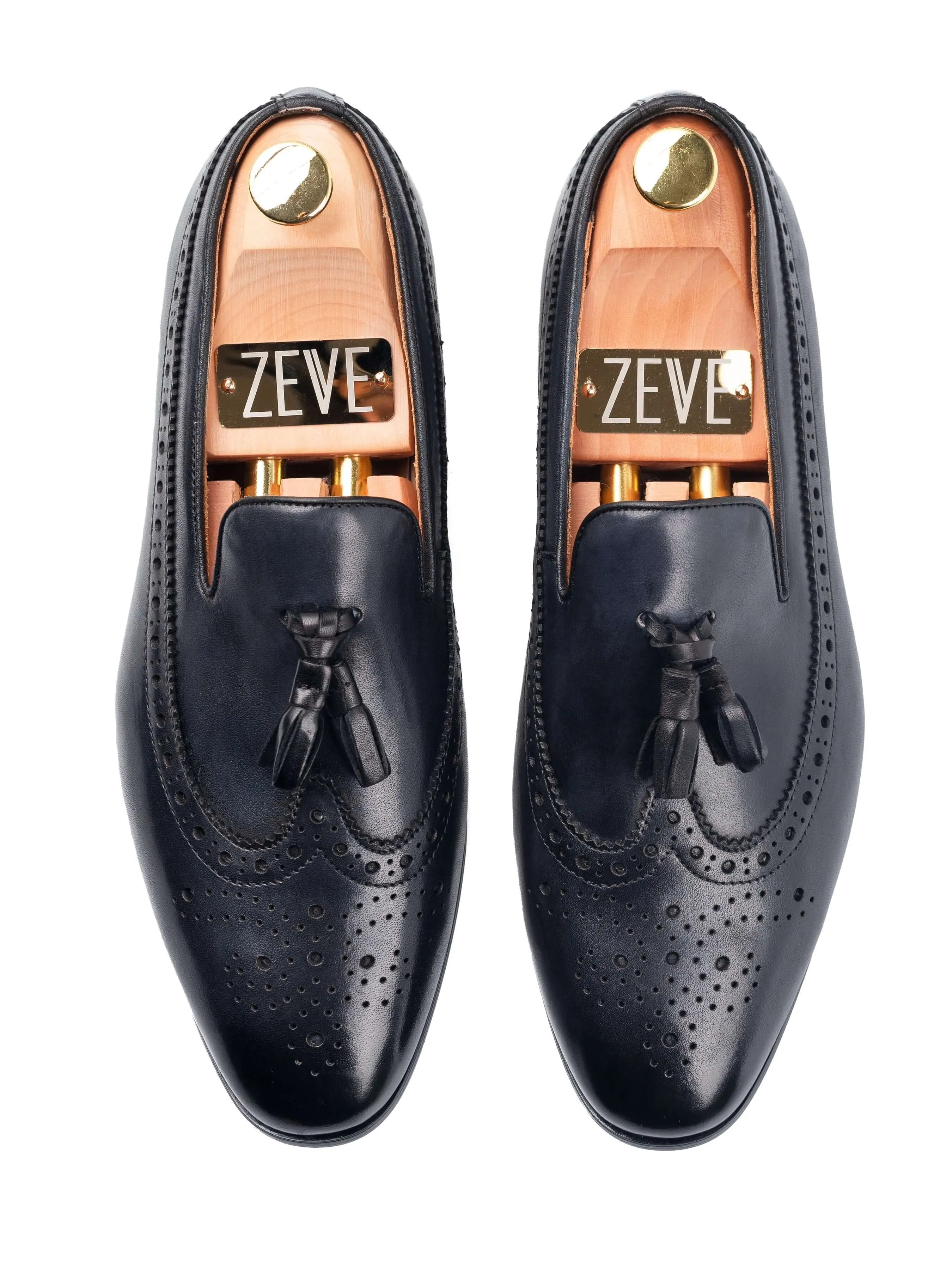 Mocassin Pantoufle Longwing Brogue - Noir Gris avec Gland (Patine Peinte à la Main)