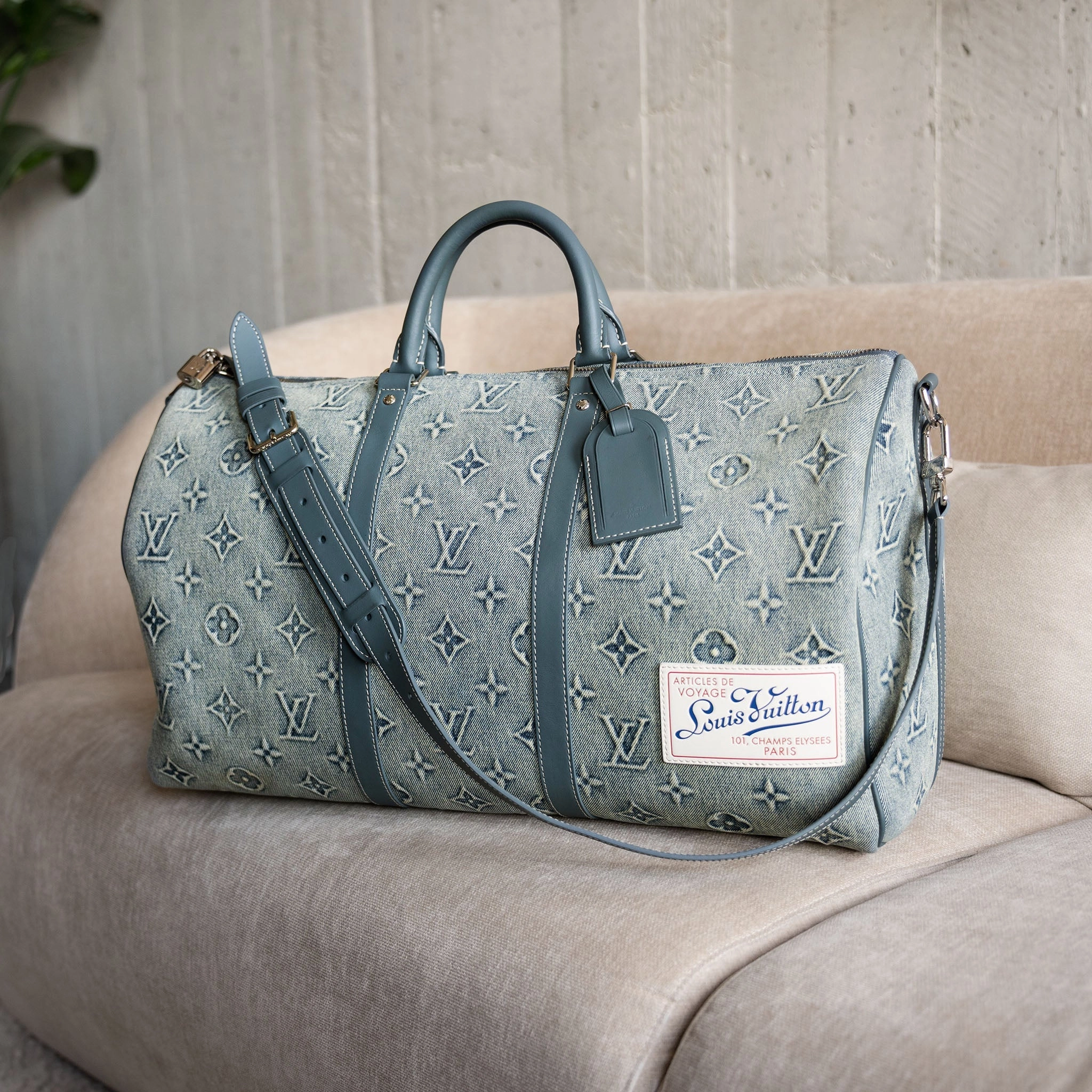 Louis Vuitton Monogram Washed Denim Keepall Bandouliere 50 Blue