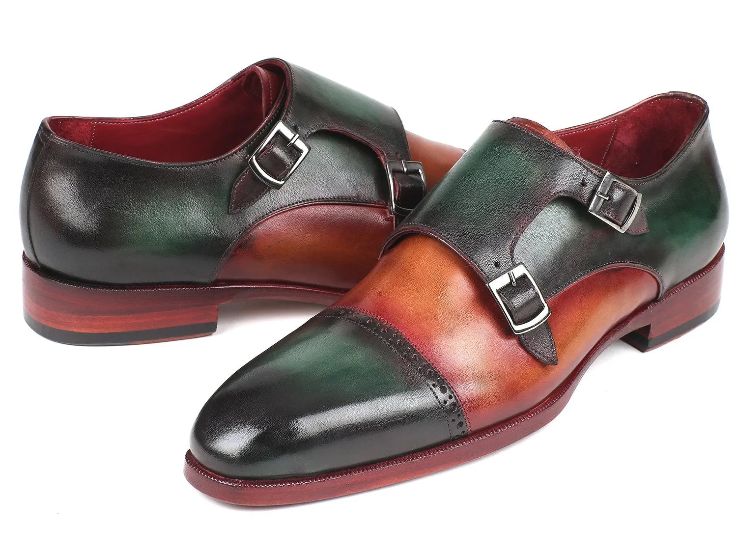 Paul Parkman Chaussures Paul Parkman Captoe Double Monkstraps en Vert / Camel