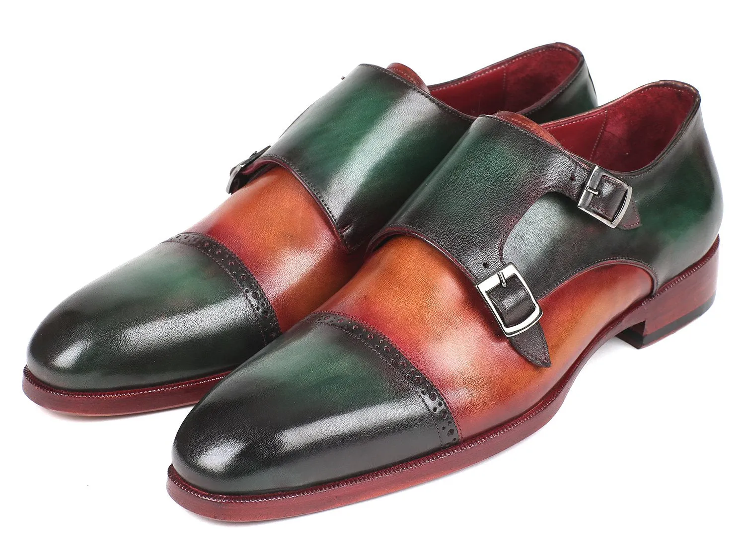 Paul Parkman Chaussures Paul Parkman Captoe Double Monkstraps en Vert / Camel