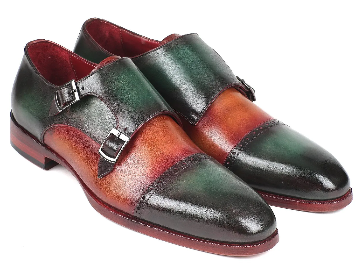 Paul Parkman Chaussures Paul Parkman Captoe Double Monkstraps en Vert / Camel