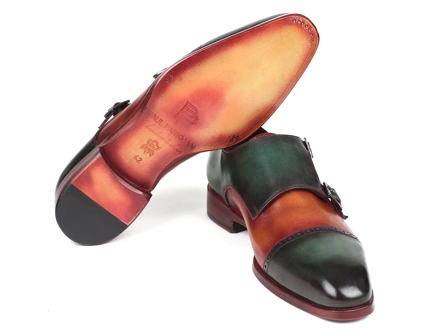 Paul Parkman Chaussures Paul Parkman Captoe Double Monkstraps en Vert / Camel