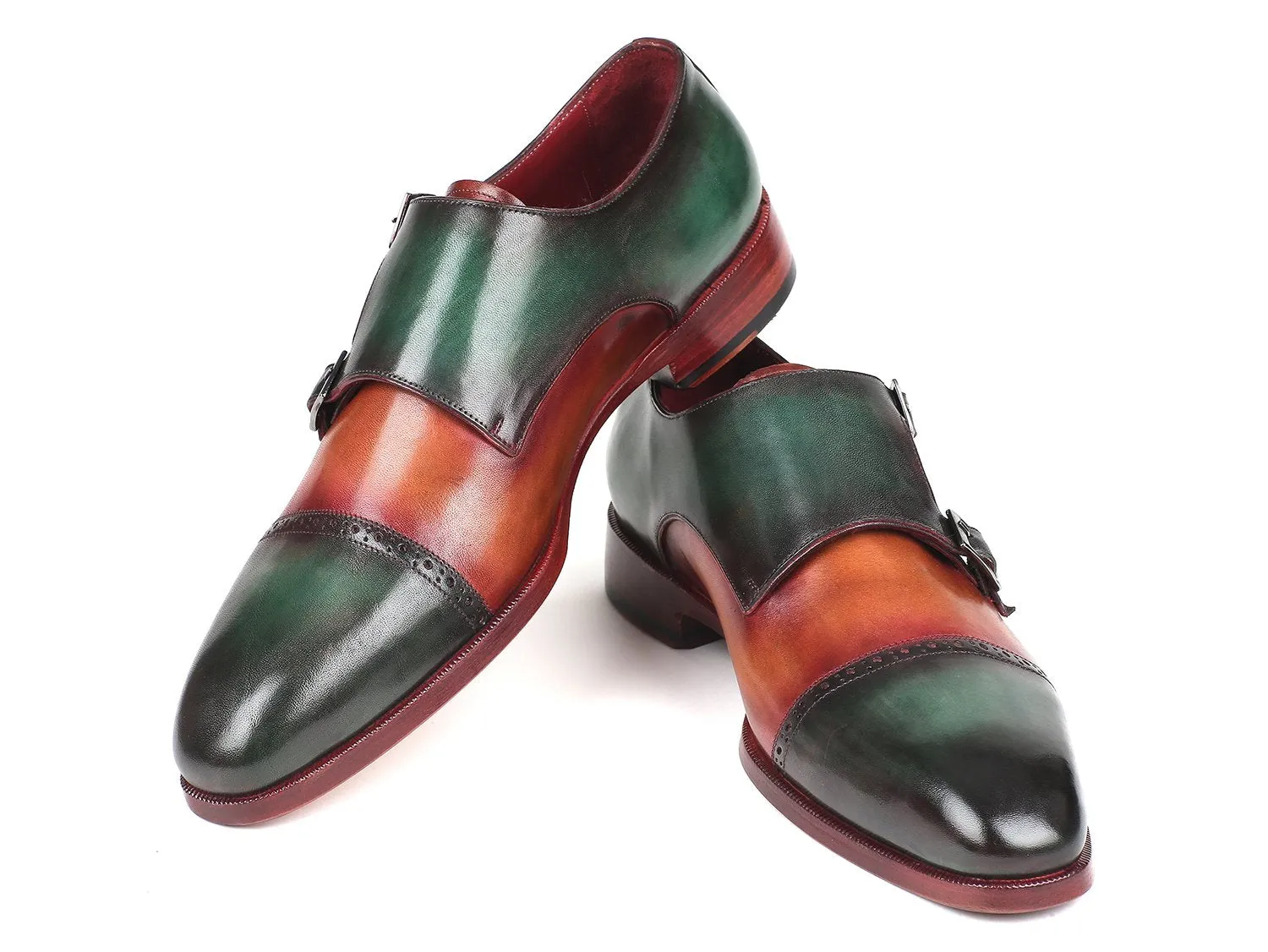 Paul Parkman Chaussures Paul Parkman Captoe Double Monkstraps en Vert / Camel
