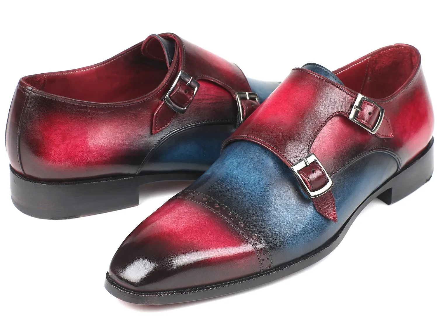 Paul Parkman Chaussures Paul Parkman Double Monkstraps à Bout Rond pour Homme en Bleu & Fuxia