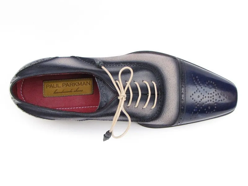 Paul Parkman Chaussures Paul Parkman Oxfords à Bout Rond en Daim Peint à la Main pour Hommes en Bleu Marine et Beige