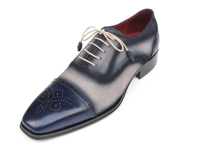 Paul Parkman Chaussures Paul Parkman Oxfords à Bout Rond en Daim Peint à la Main pour Hommes en Bleu Marine et Beige