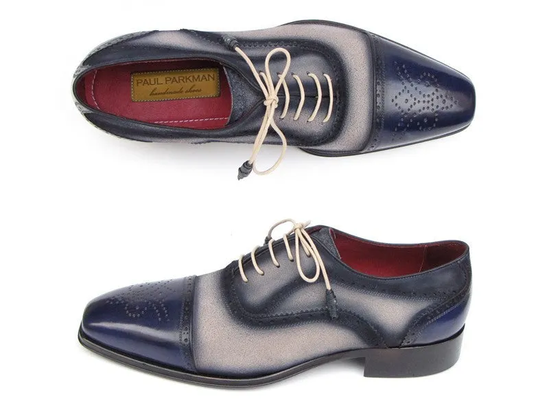 Paul Parkman Chaussures Paul Parkman Oxfords à Bout Rond en Daim Peint à la Main pour Hommes en Bleu Marine et Beige