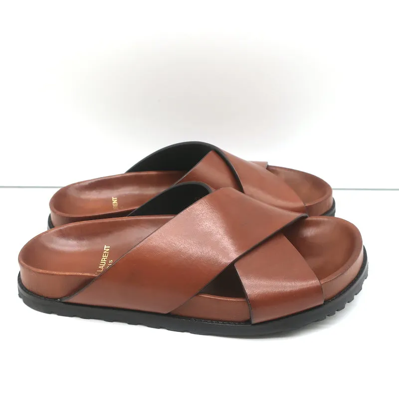 Saint Laurent Jimmy Slides à Lanières Croisées en Cuir Marron Taille 35.5 Sandales Plates NEUVE