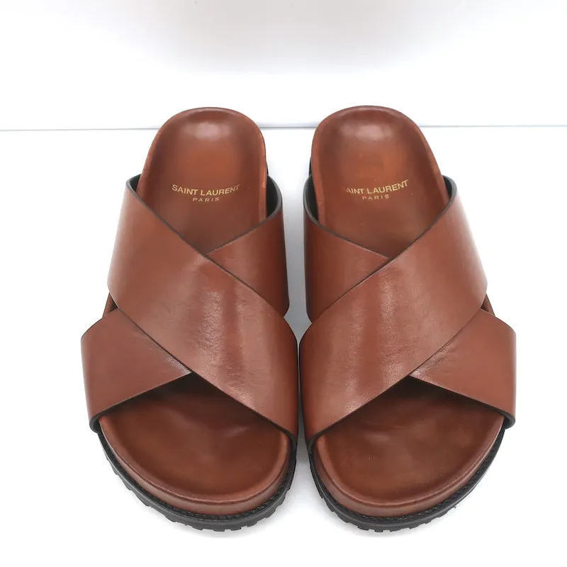 Saint Laurent Jimmy Slides à Lanières Croisées en Cuir Marron Taille 35.5 Sandales Plates NEUVE