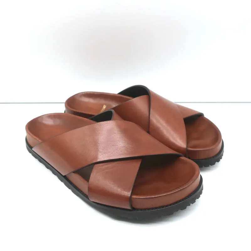 Saint Laurent Jimmy Slides à Lanières Croisées en Cuir Marron Taille 35.5 Sandales Plates NEUVE