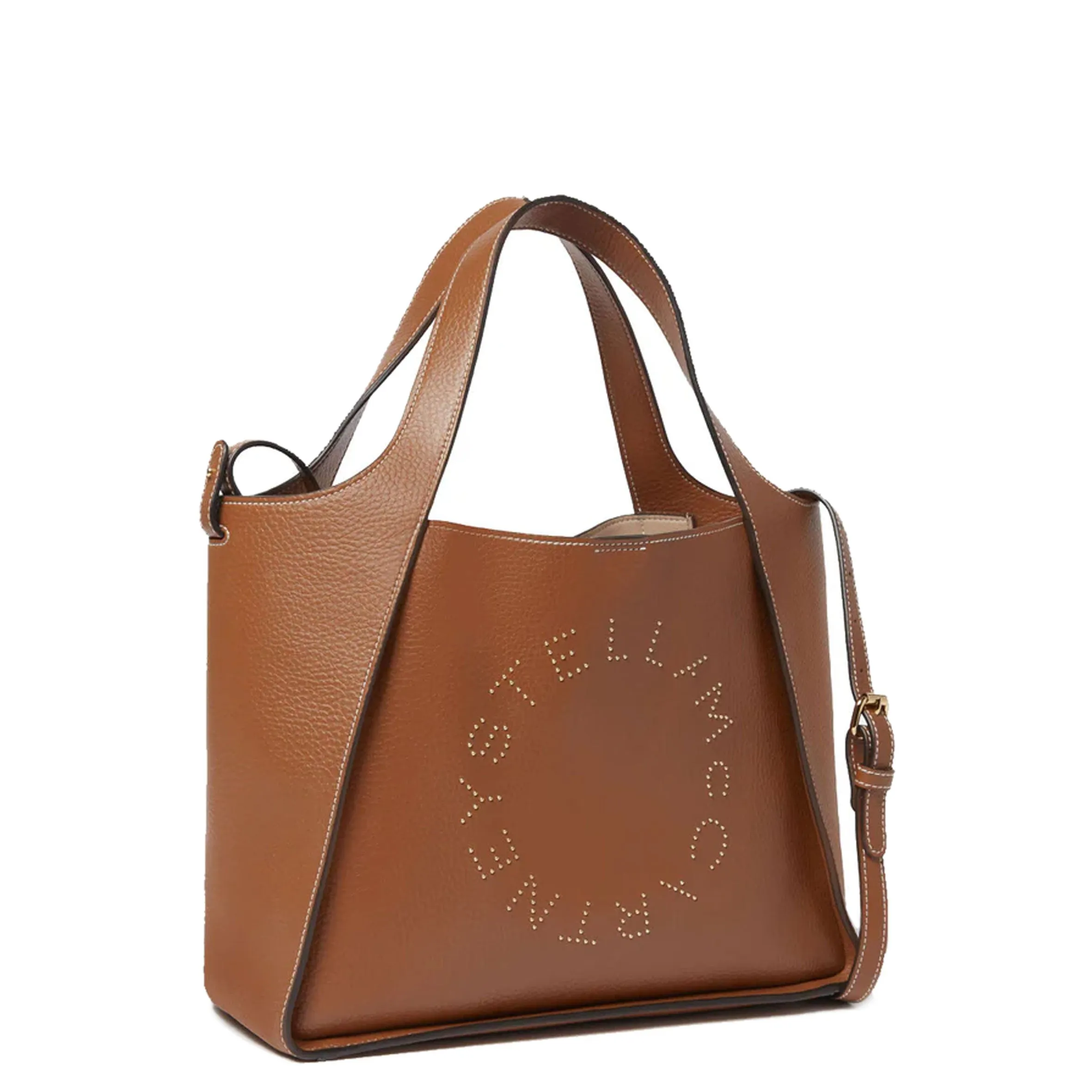 Sac à bandoulière Stella Logo avec motifs grainés et clous, couleur Pécan - Stella McCartney - Sacs