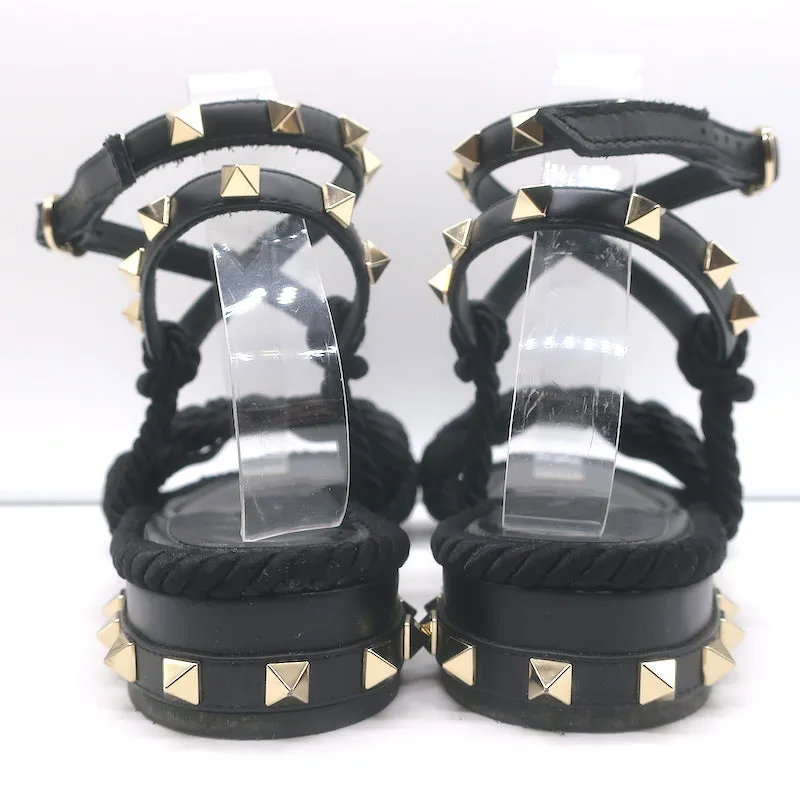 Valentino Rockstud Sandales à bride cheville tressée en cuir noir et satin taille 40