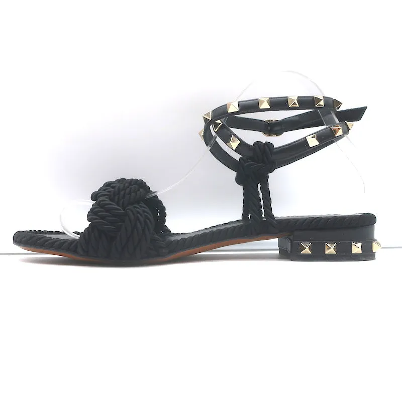 Valentino Rockstud Sandales à bride cheville tressée en cuir noir et satin taille 40
