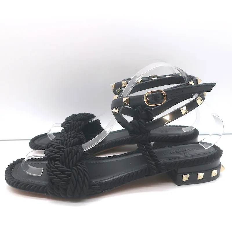 Valentino Rockstud Sandales à bride cheville tressée en cuir noir et satin taille 40