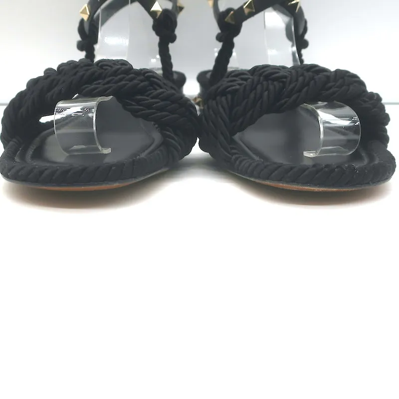 Valentino Rockstud Sandales à bride cheville tressée en cuir noir et satin taille 40