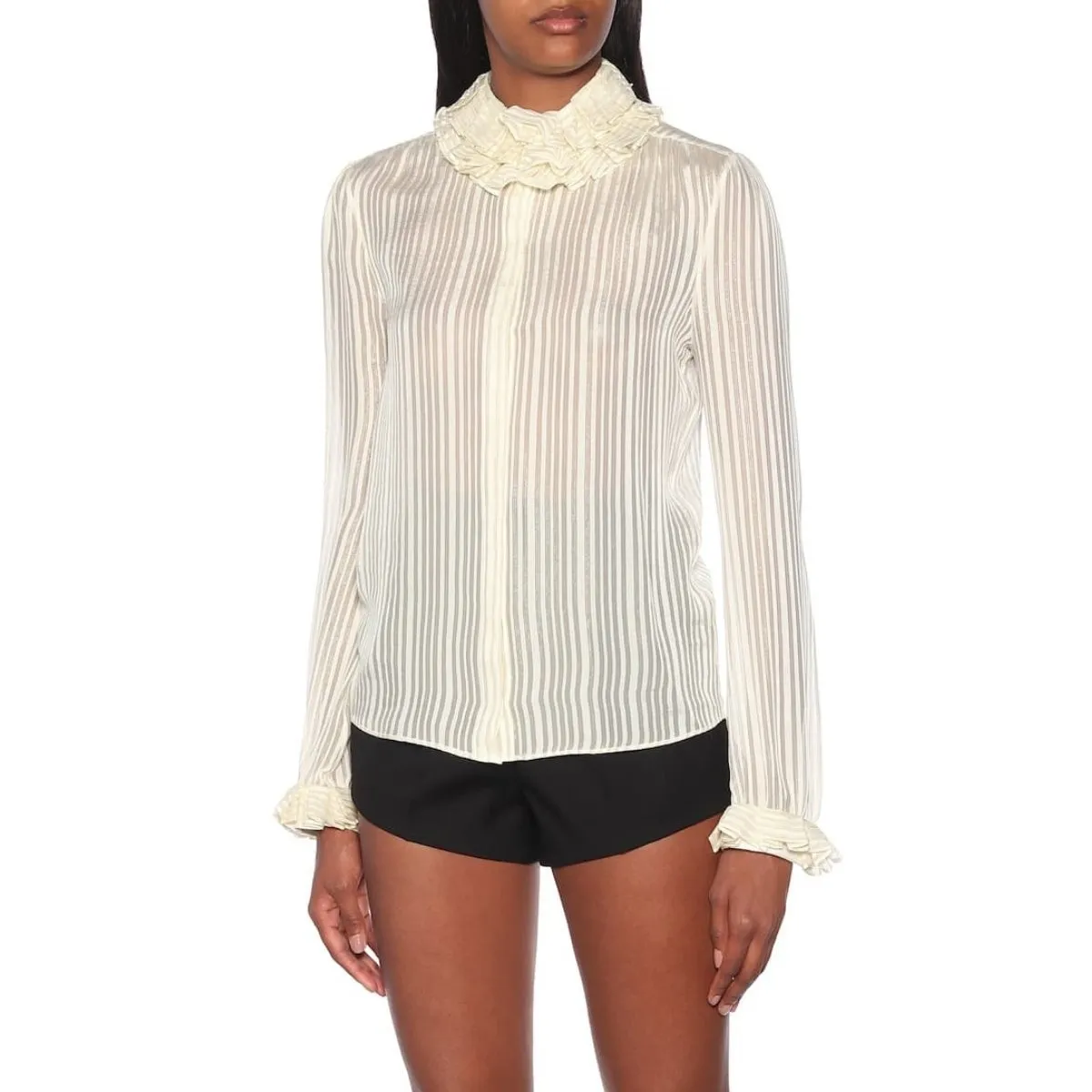 Ysl Sacs Ivoire Chemise en soie rayée à col volanté