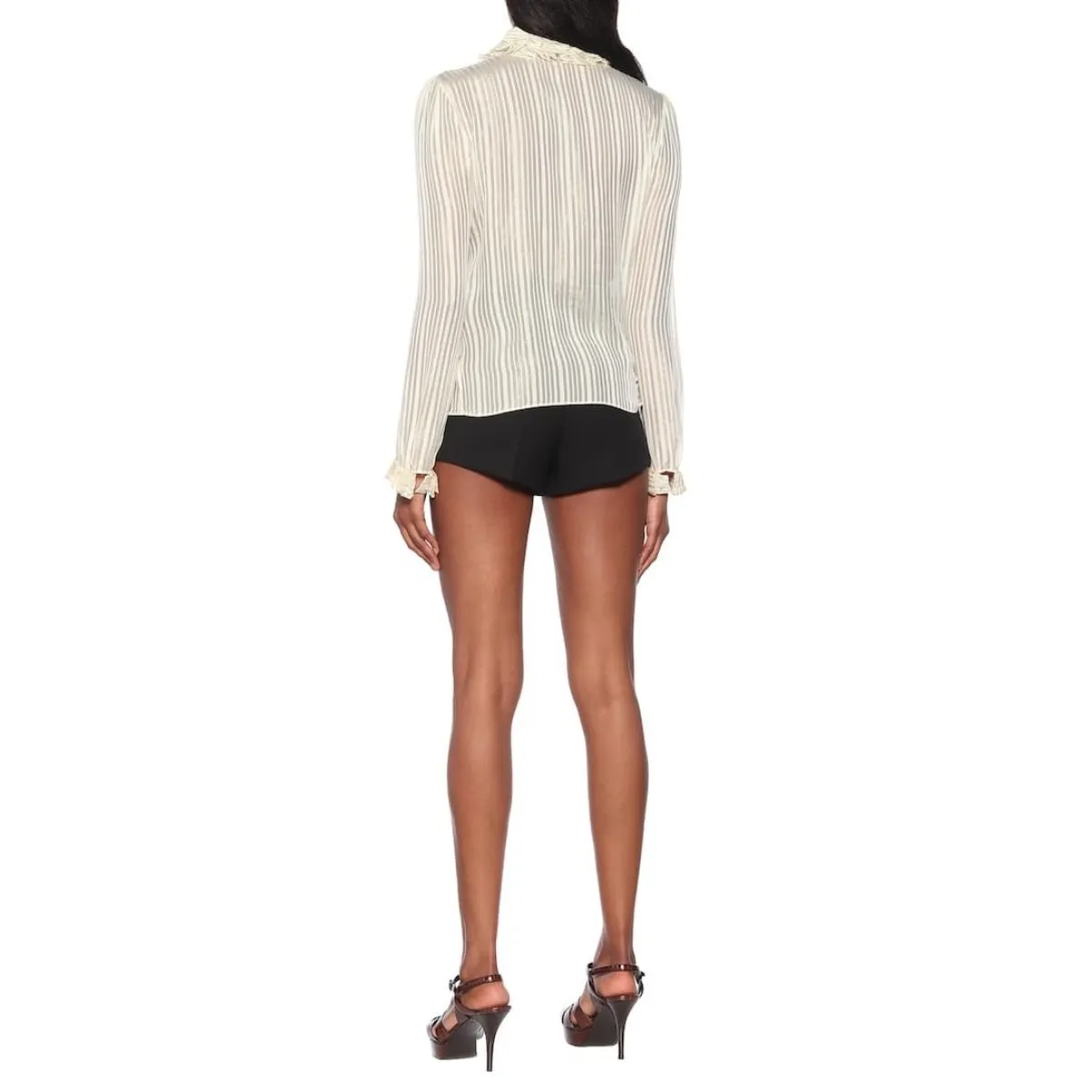 Ysl Sacs Ivoire Chemise en soie rayée à col volanté