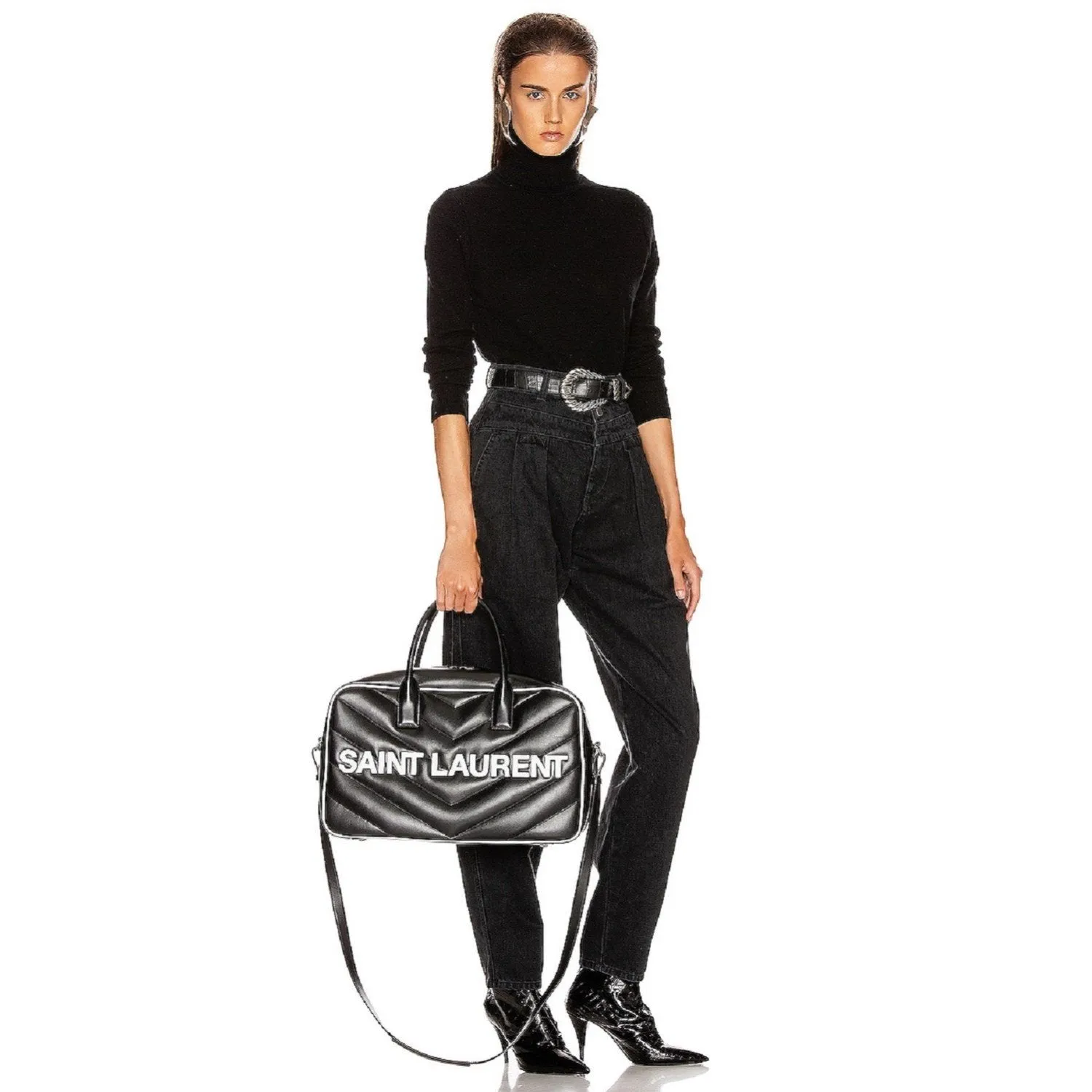 Sac Ysl Saint Laurent Miles Logo en Cuir de Veau Noir Duffel Bowling 525145