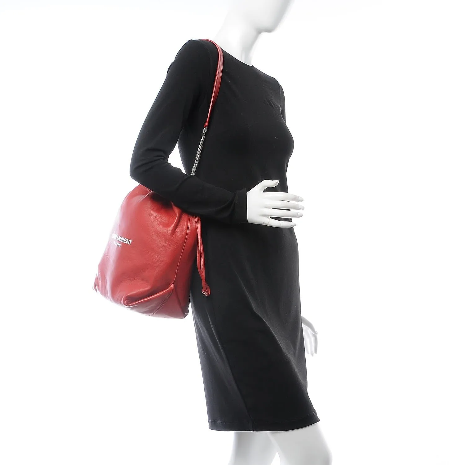 Sac Ysl Saint Laurent Teddy Rouge en Agneau à Cordons et Forme Seau 538447