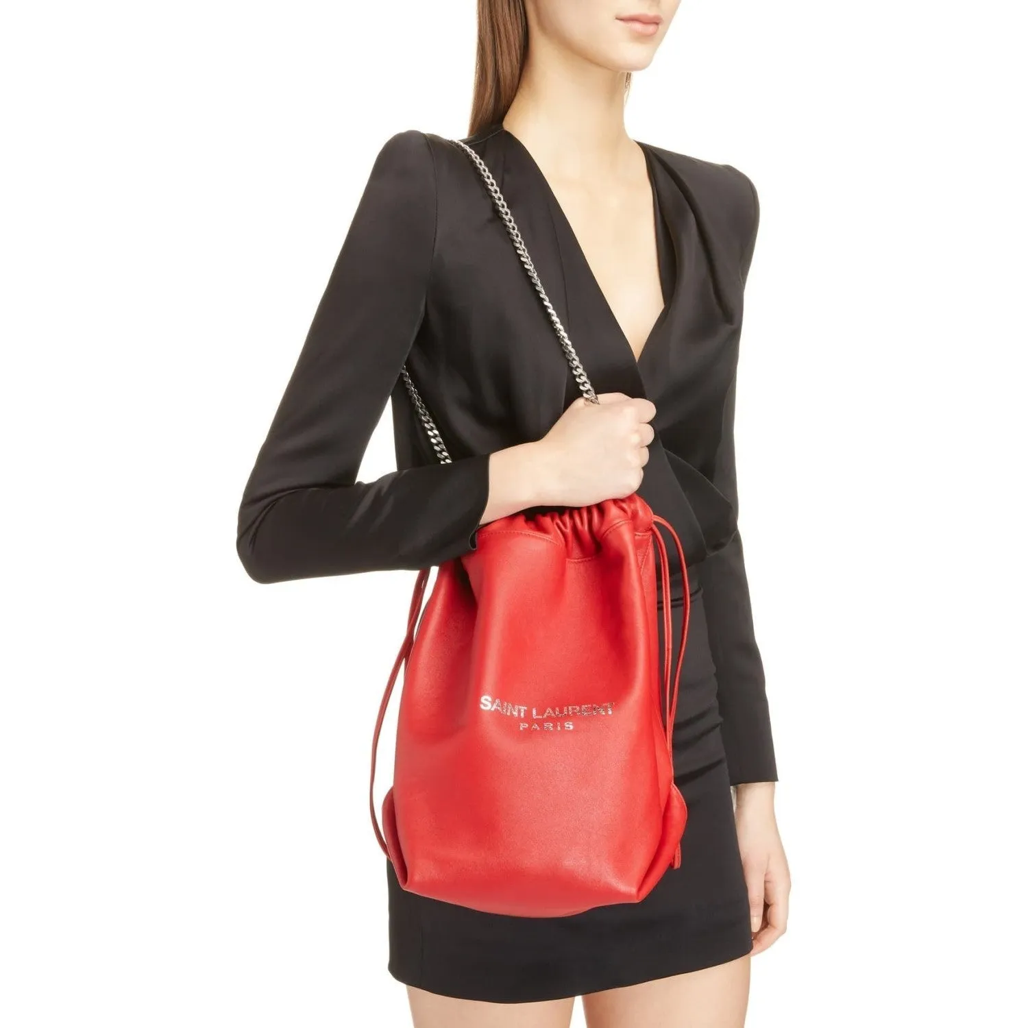 Sac Ysl Saint Laurent Teddy Rouge en Agneau à Cordons et Forme Seau 538447